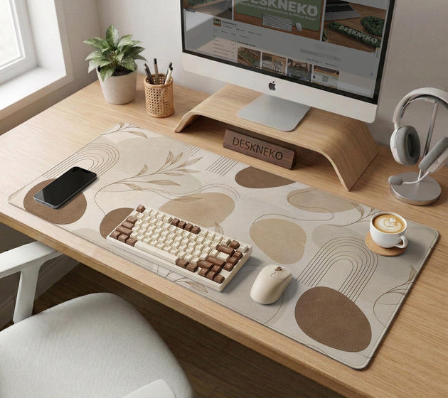 Beige desk mat with fine botanical line drawings and soft abstract shapes on a light neutral background.