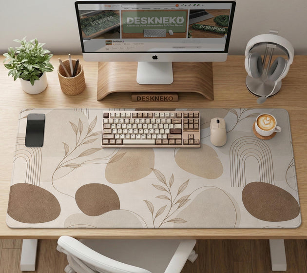 Beige desk mat with fine botanical line drawings and soft abstract shapes on a light neutral background.
