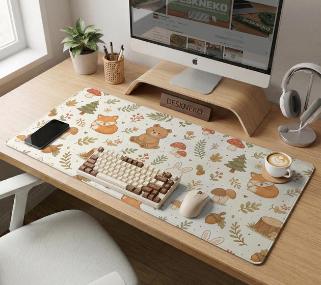 Cream desk mat with a woodland animal pattern featuring foxes, bunnies, mushrooms, berries, acorns, and sage leaves in soft green tones.