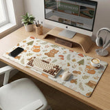 Cream desk mat with a woodland animal pattern featuring foxes, bunnies, mushrooms, berries, acorns, and sage leaves in soft green tones.