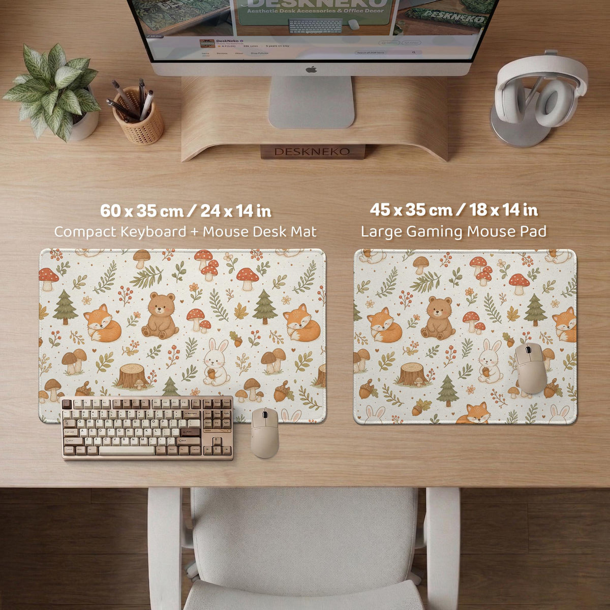 Cream desk mat with a woodland animal pattern featuring foxes, bunnies, mushrooms, berries, acorns, and sage leaves in soft green tones.