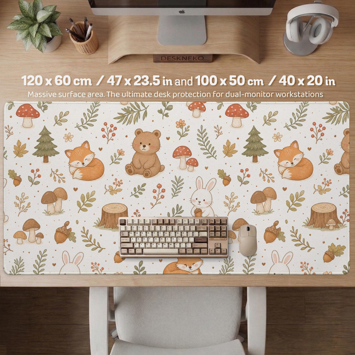 Cream desk mat with a woodland animal pattern featuring foxes, bunnies, mushrooms, berries, acorns, and sage leaves in soft green tones.