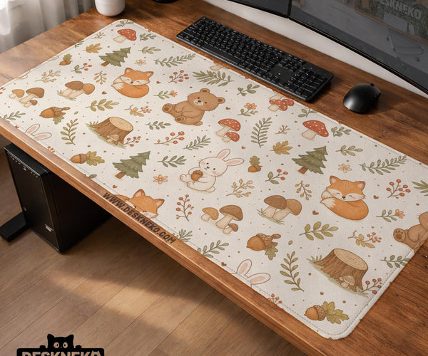 Cream desk mat with a woodland animal pattern featuring foxes, bunnies, mushrooms, berries, acorns, and sage leaves in soft green tones.