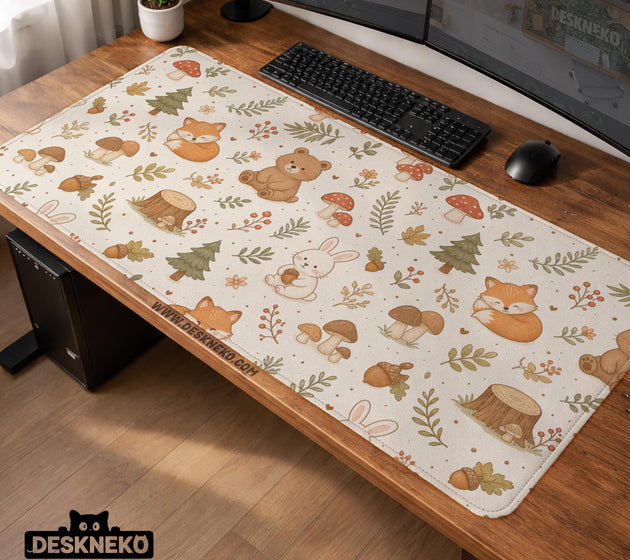Cream desk mat with a woodland animal pattern featuring foxes, bunnies, mushrooms, berries, acorns, and sage leaves in soft green tones.