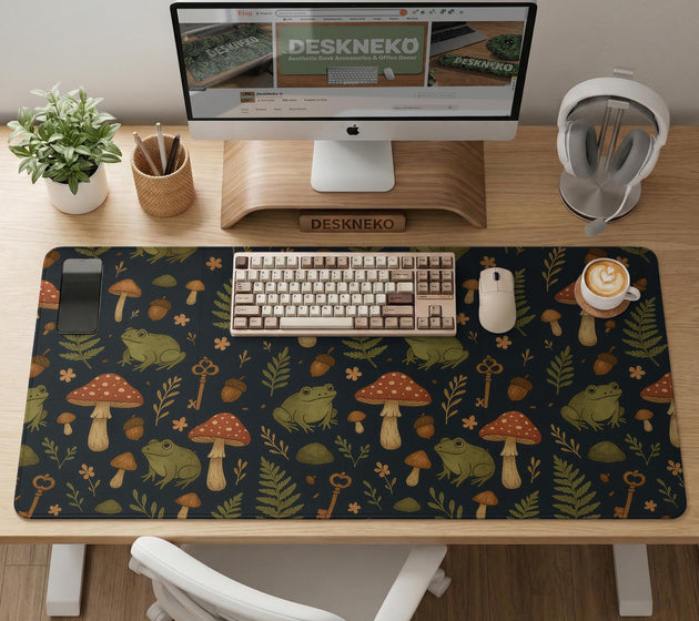Dark forest-themed desk mat with an all-over pattern of frogs, mushrooms, fern leaves, acorns, tiny flowers, and antique keys.