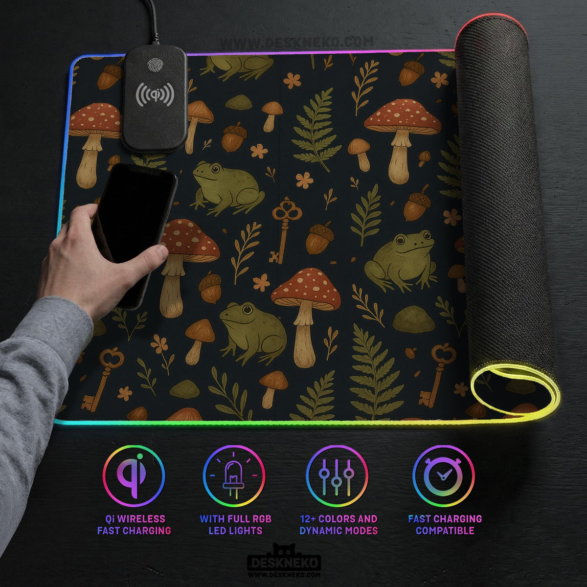 Dark forest-themed desk mat with an all-over pattern of frogs, mushrooms, fern leaves, acorns, tiny flowers, and antique keys.