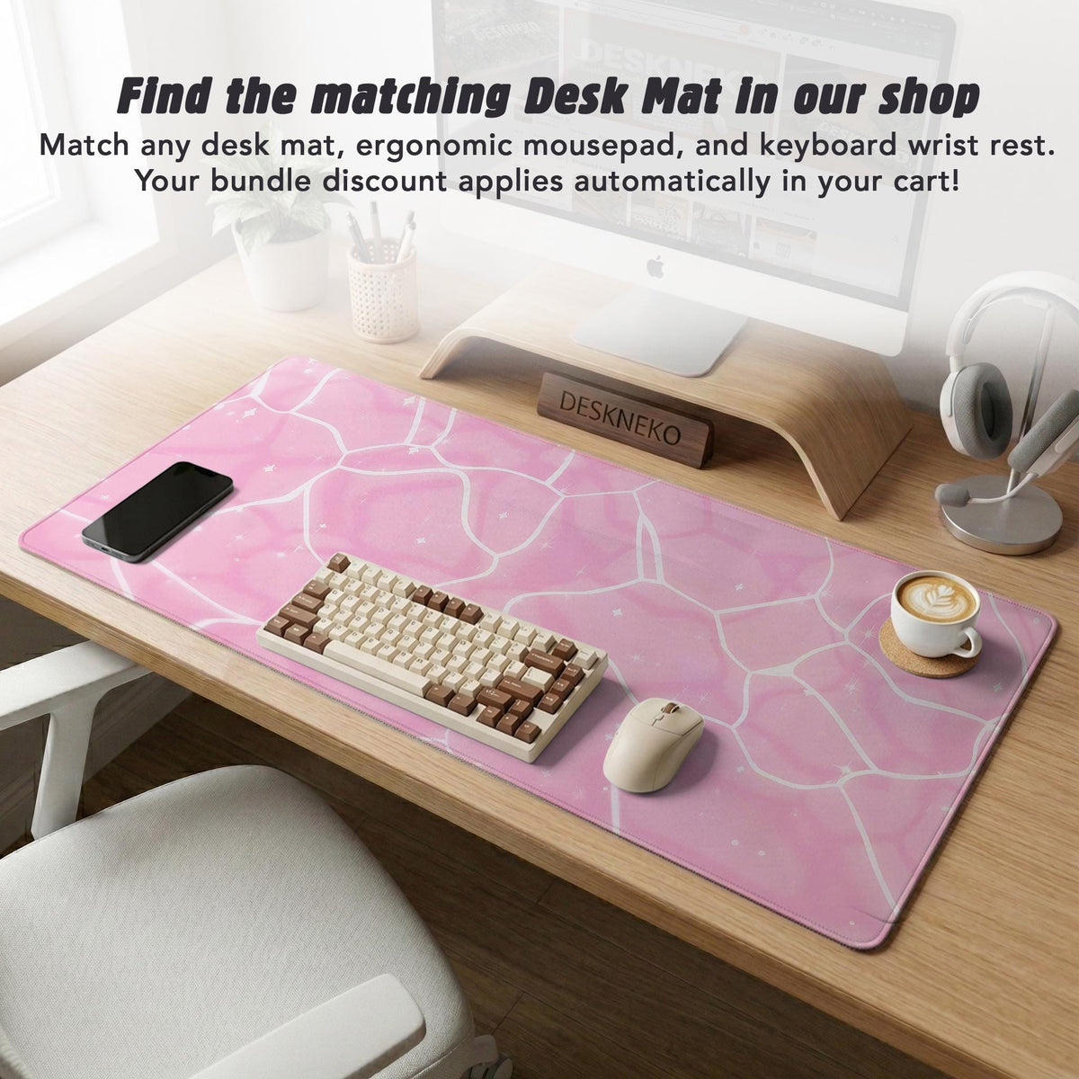 Soft pink mouse pad and wrist rest with a cloud-marble pattern, pale linework, and small star details.