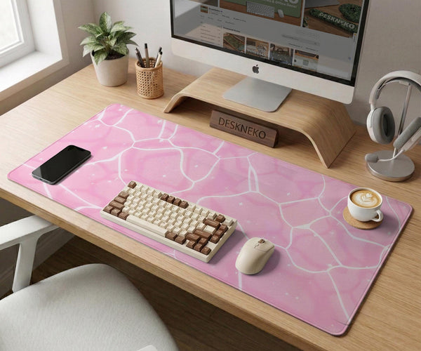 Soft pink desk mat with a kawaii cloud-marble pattern, white crackle lines, and small star accents.