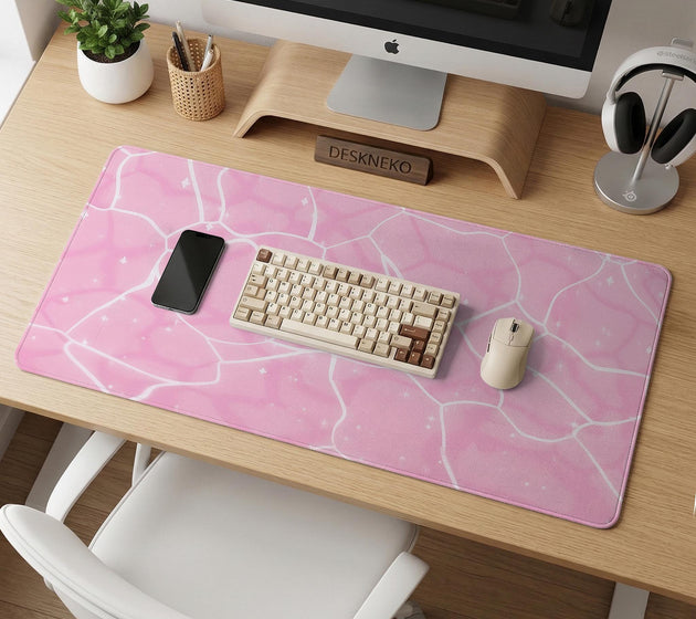 Pastel pink desk mat with a marble-style design, white flowing lines, and small sparkle accents.