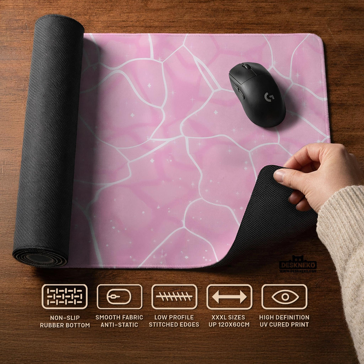 Pastel pink desk mat with a marble-style design, white flowing lines, and small sparkle accents.