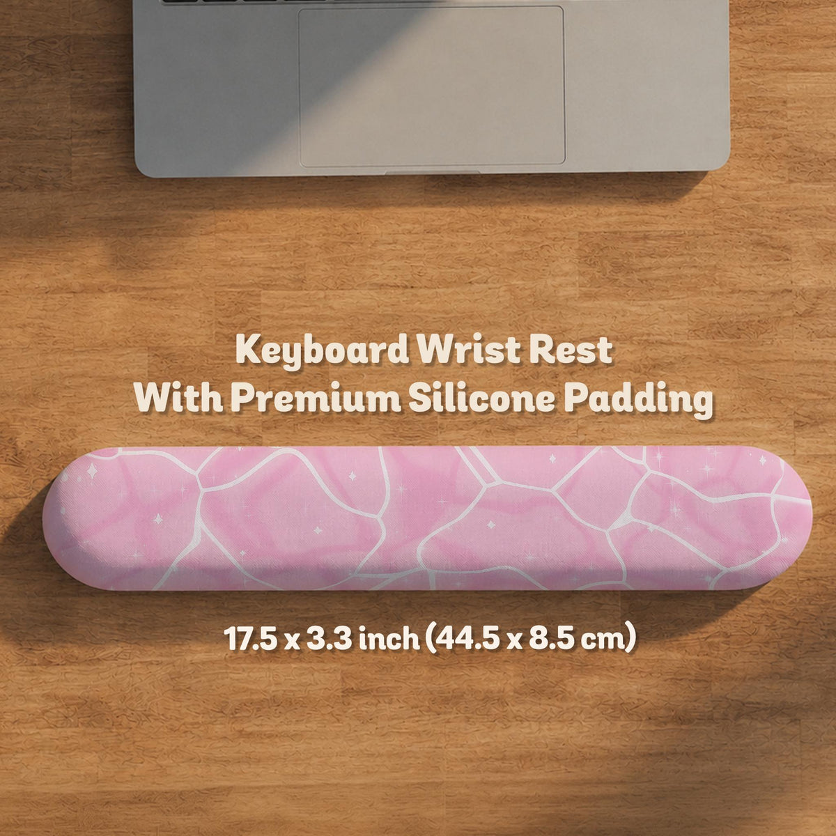 Soft pink desk mat with a kawaii cloud-marble pattern, white crackle lines, and small star accents.
