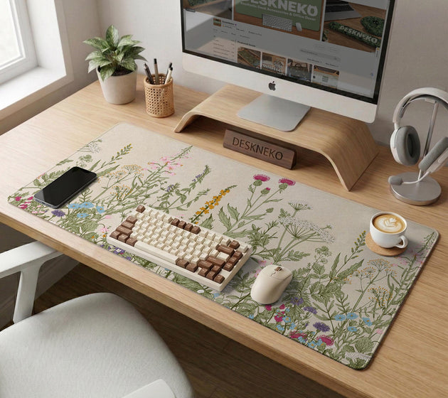A desk mat with a botanical meadow design featuring wildflowers, leafy stems, and soft neutral colors.
