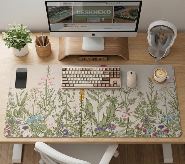 A desk mat with a botanical meadow design featuring wildflowers, leafy stems, and soft neutral colors.