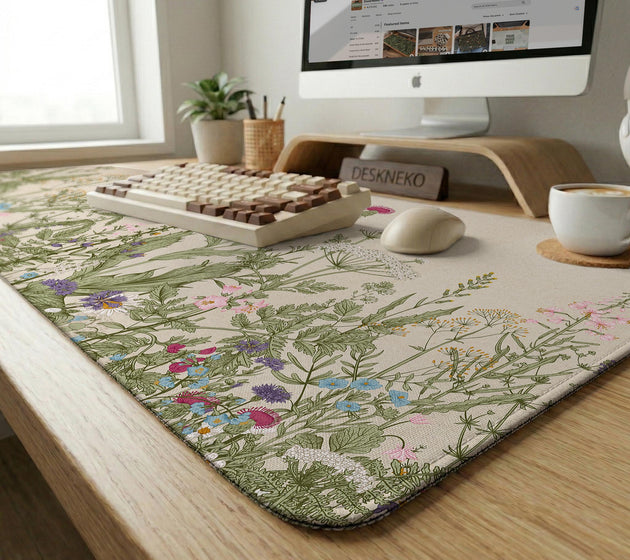 A desk mat with a botanical meadow design featuring wildflowers, leafy stems, and soft neutral colors.