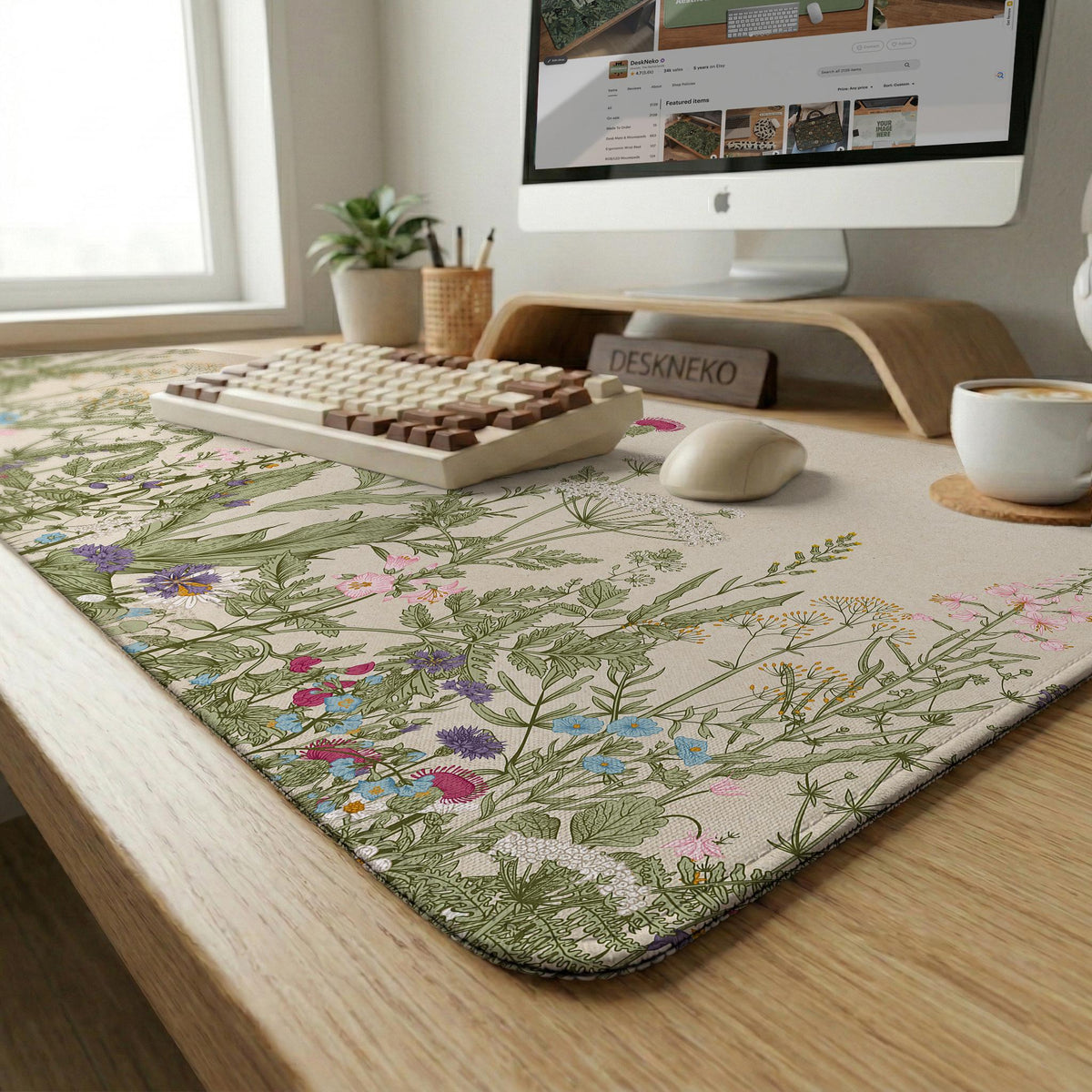 A desk mat with a botanical meadow design featuring wildflowers, leafy stems, and soft neutral colors.