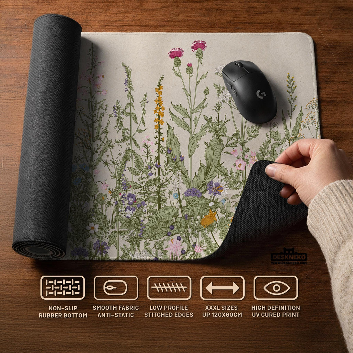 A desk mat with a botanical meadow design featuring wildflowers, leafy stems, and soft neutral colors.