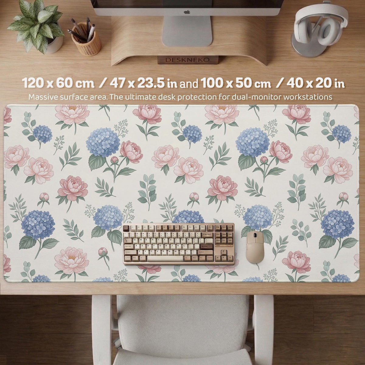 Floral desk mat with sage greenery, pink peonies, blue flowers, and a warm cream background.