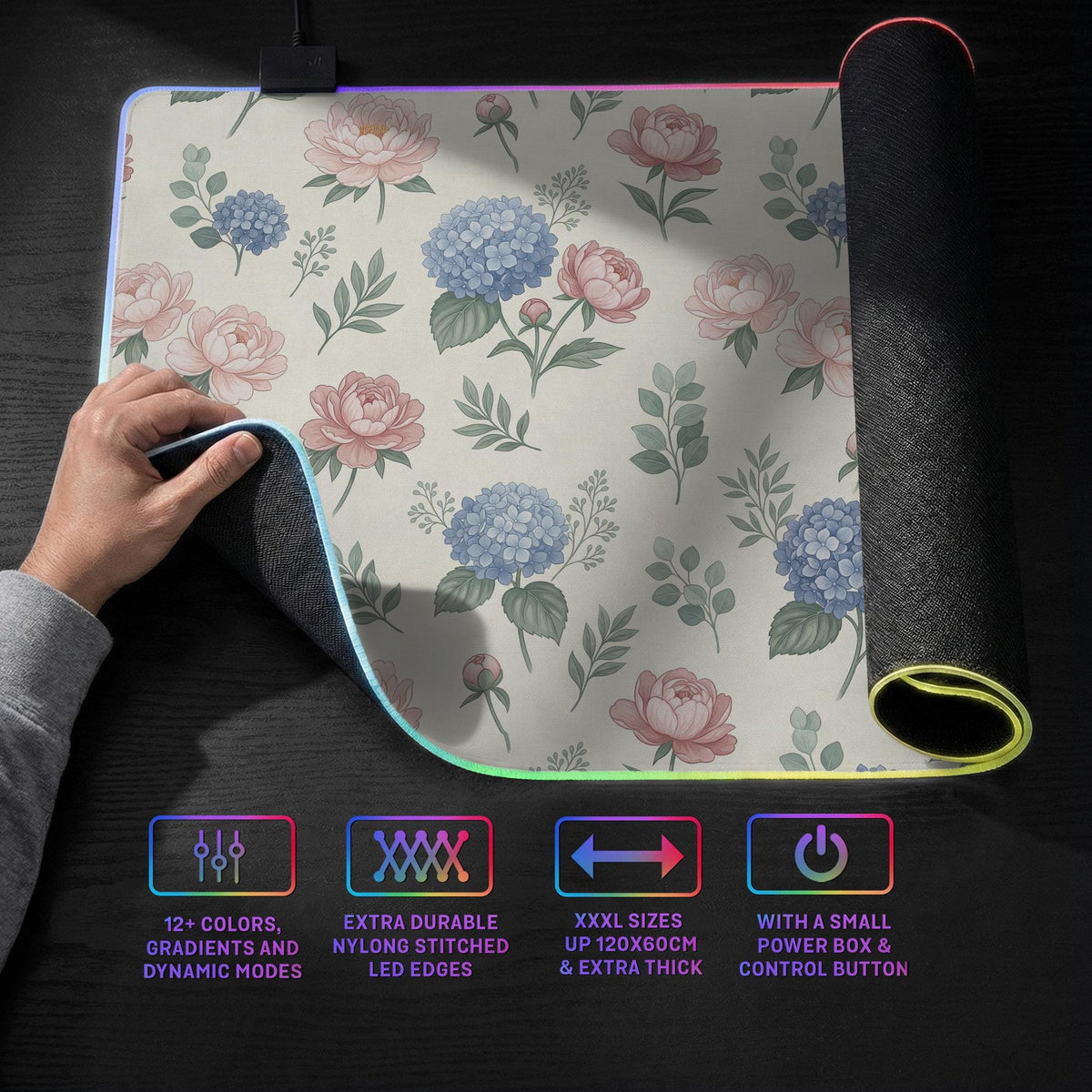 Floral desk mat with sage greenery, pink peonies, blue flowers, and a warm cream background.