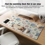 Mousepad and keyboard wrist rest with a floral print of blue hydrangeas, pink peonies, sage leaves, and a cream background.