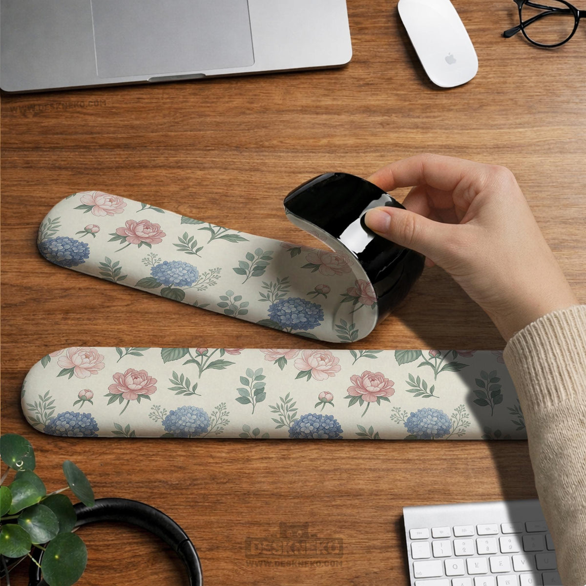 Mousepad and keyboard wrist rest with a floral print of blue hydrangeas, pink peonies, sage leaves, and a cream background.