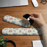 Mousepad and keyboard wrist rest with a floral print of blue hydrangeas, pink peonies, sage leaves, and a cream background.