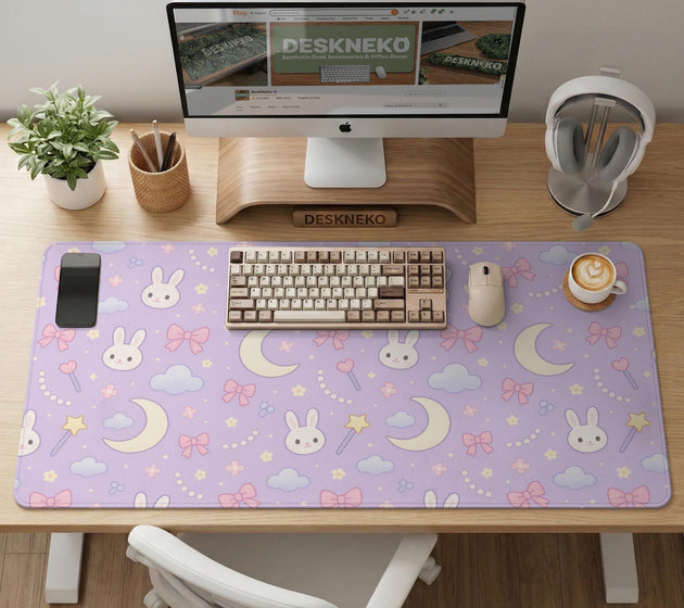 Lavender desk mat with an all-over pattern of bunny faces, clouds, moons, bows, and flowers in pastel colors.