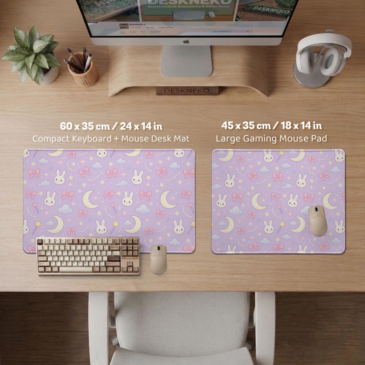 Pastel lavender desk mat with an all-over pattern of bunnies, crescent moons, clouds, bows, stars, and small flowers.