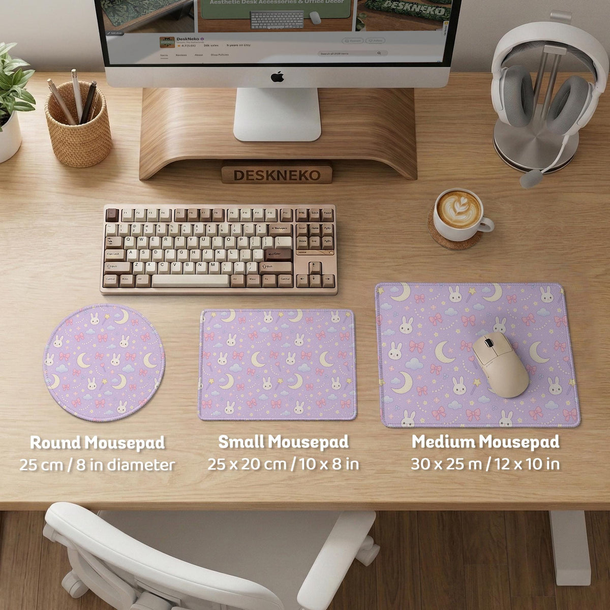 Pastel lavender desk mat with an all-over pattern of bunnies, crescent moons, clouds, bows, stars, and small flowers.