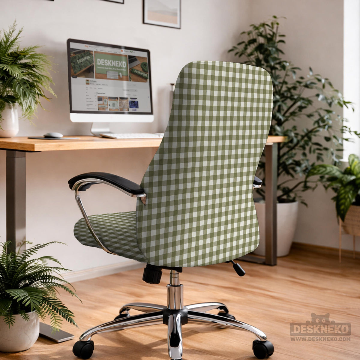 Olive green and white check desk chair cover shown on a chair, with stretch fabric, armrest cover options, and multiple fit choices listed.