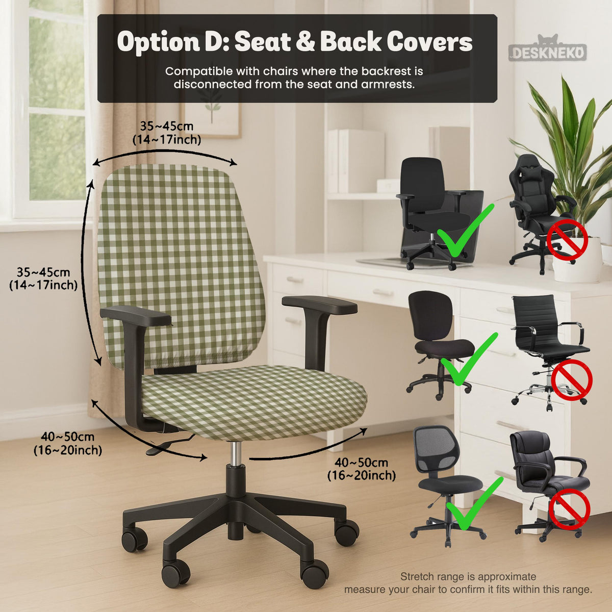 Olive green and white check desk chair cover shown on a chair, with stretch fabric, armrest cover options, and multiple fit choices listed.