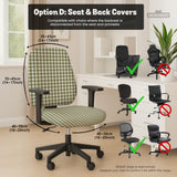 Olive green and white check desk chair cover shown on a chair, with stretch fabric, armrest cover options, and multiple fit choices listed.