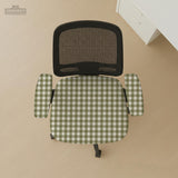Olive green and white check desk chair cover shown on a chair, with stretch fabric, armrest cover options, and multiple fit choices listed.