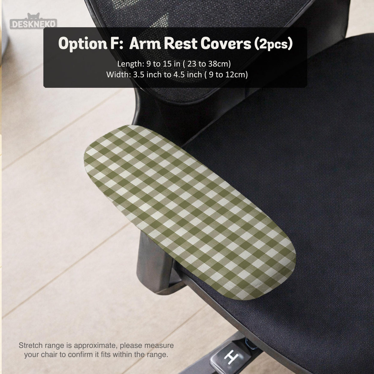 Olive green and white check desk chair cover shown on a chair, with stretch fabric, armrest cover options, and multiple fit choices listed.