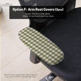 Olive green and white check desk chair cover shown on a chair, with stretch fabric, armrest cover options, and multiple fit choices listed.