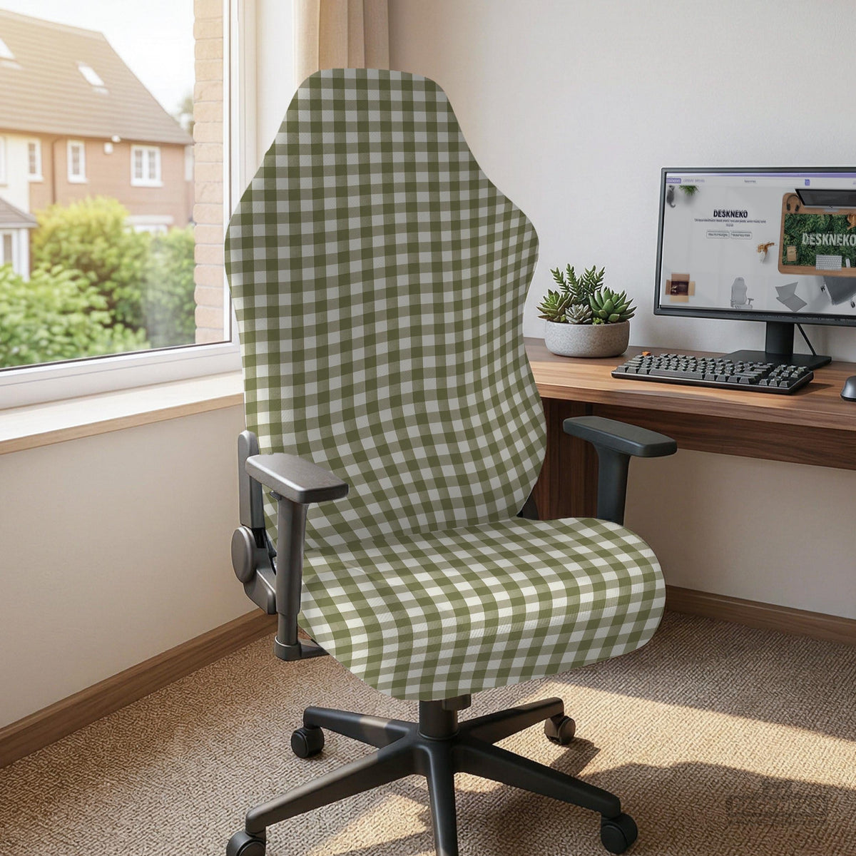Olive green and white check desk chair cover shown on a chair, with stretch fabric, armrest cover options, and multiple fit choices listed.