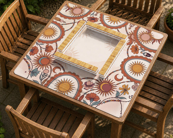 A square mahjong mat with a scalloped edge, sun and moon artwork, terracotta flowers, a soft cream background, and a decorative border around the play area.