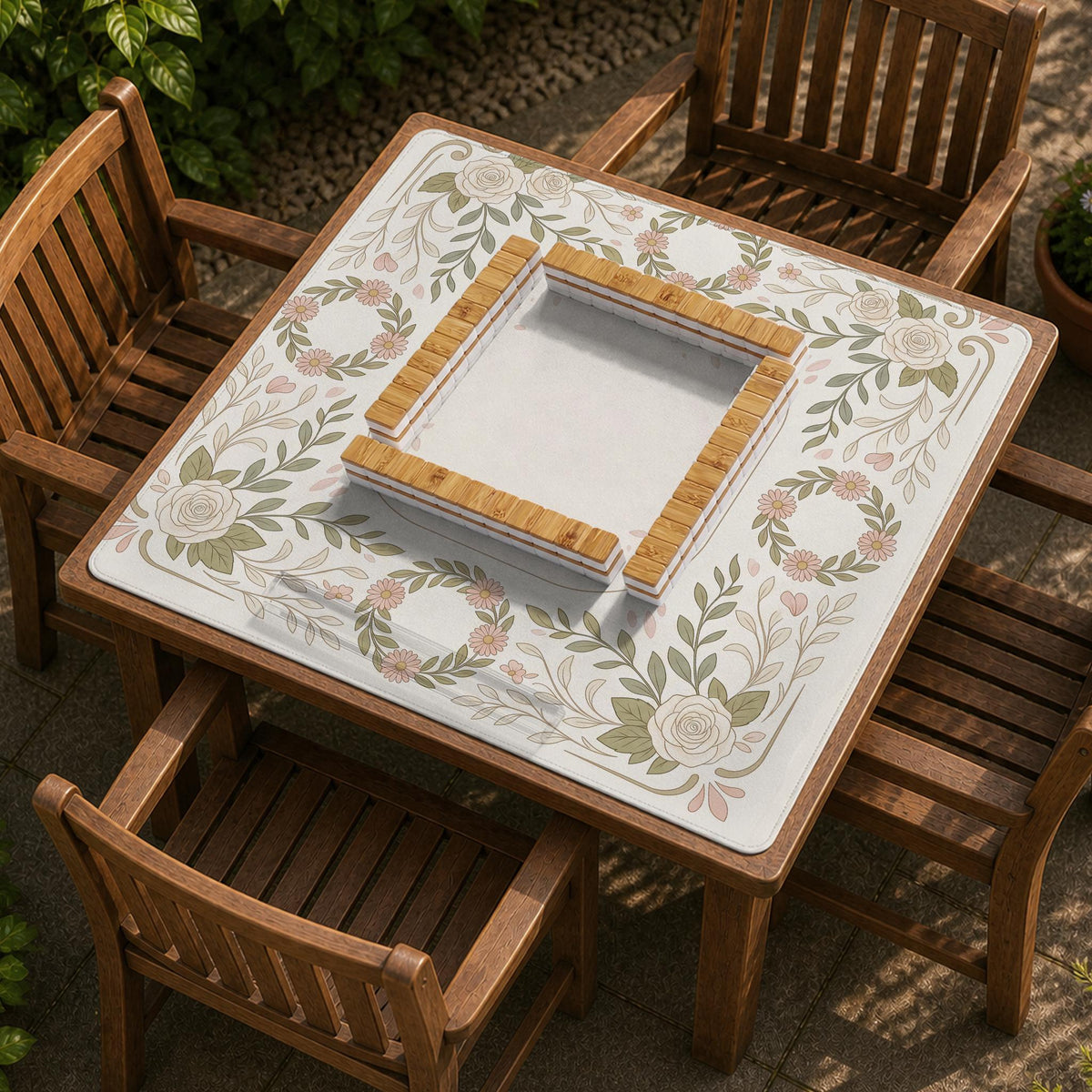 Square mahjong mat with a light floral border in sage green, cream, and blush around a plain center play area.