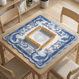Blue and white square mahjong mat with a koi fish and lotus border design and a plain center area.