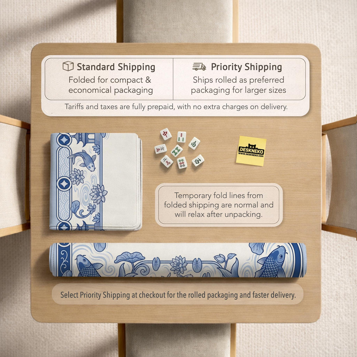 Blue and white square mahjong mat with a koi fish and lotus border design and a plain center area.