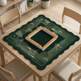 Square emerald green mahjong mat with bamboo line art, gold geometric cloud shapes, and a plain center playing area.