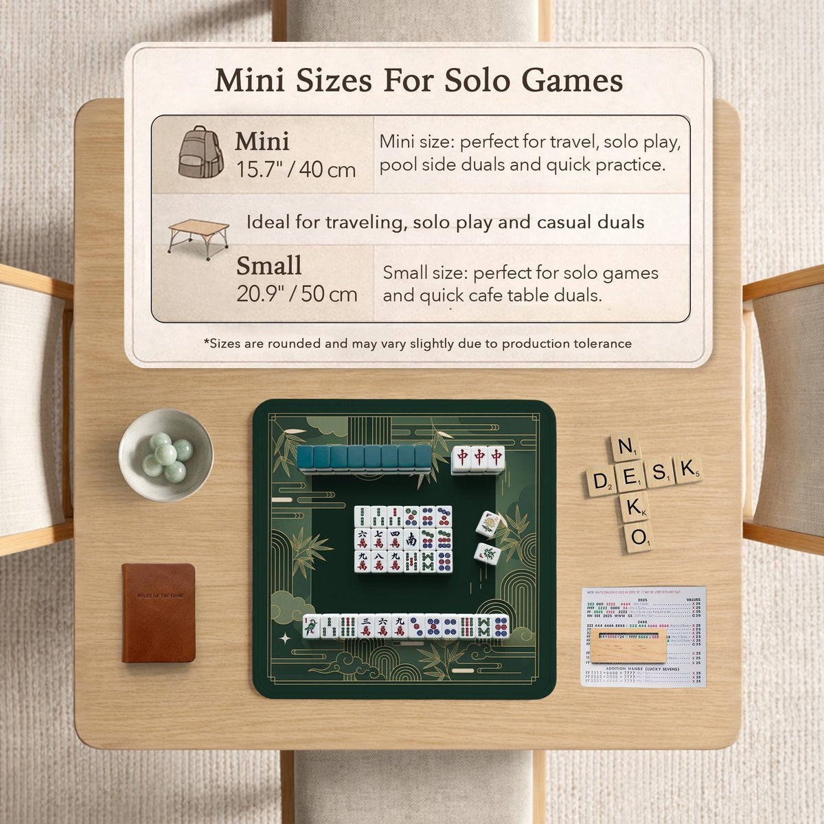 Square emerald green mahjong mat with bamboo line art, gold geometric cloud shapes, and a plain center playing area.