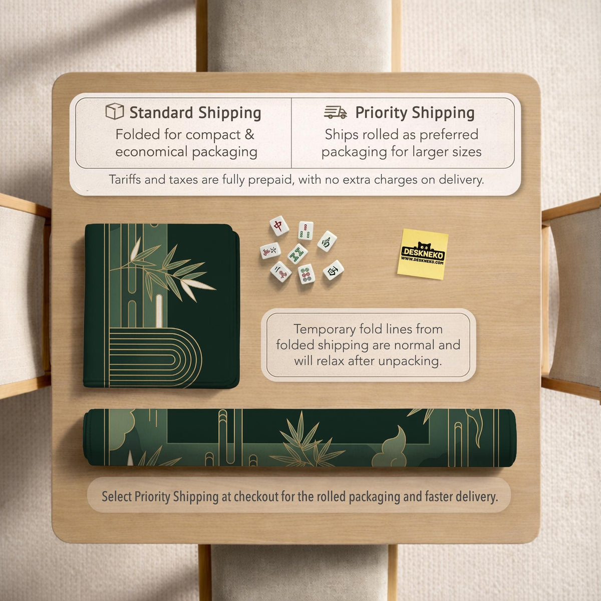 Square emerald green mahjong mat with bamboo line art, gold geometric cloud shapes, and a plain center playing area.