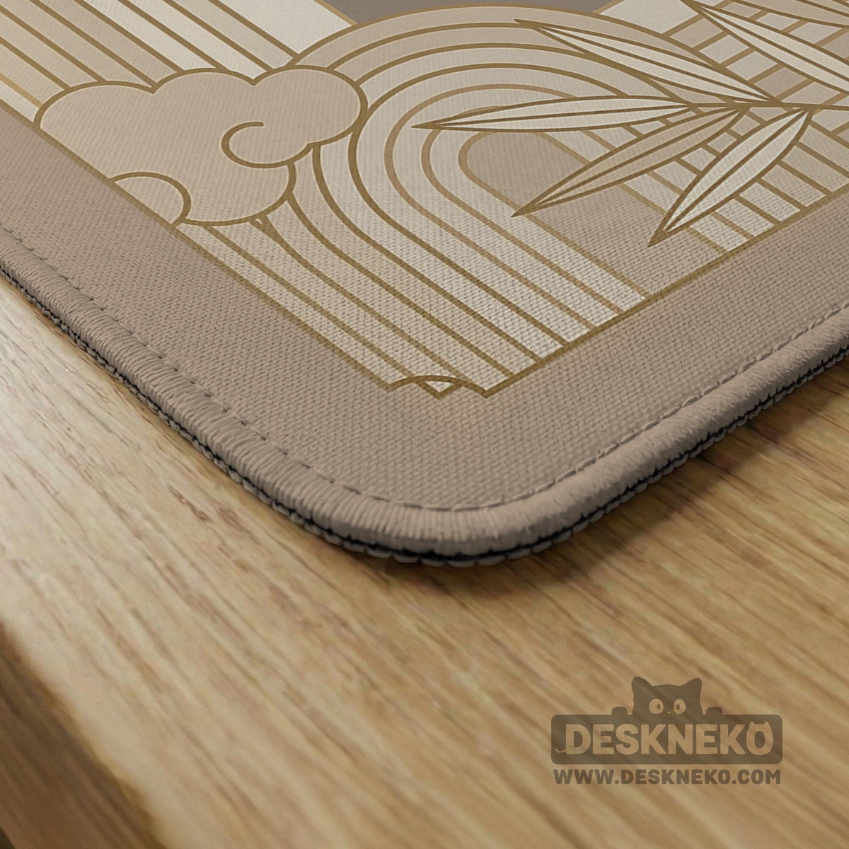 Beige and gold square mahjong mat with a bamboo pattern and geometric border.