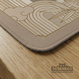 Beige and gold square mahjong mat with a bamboo pattern and geometric border.