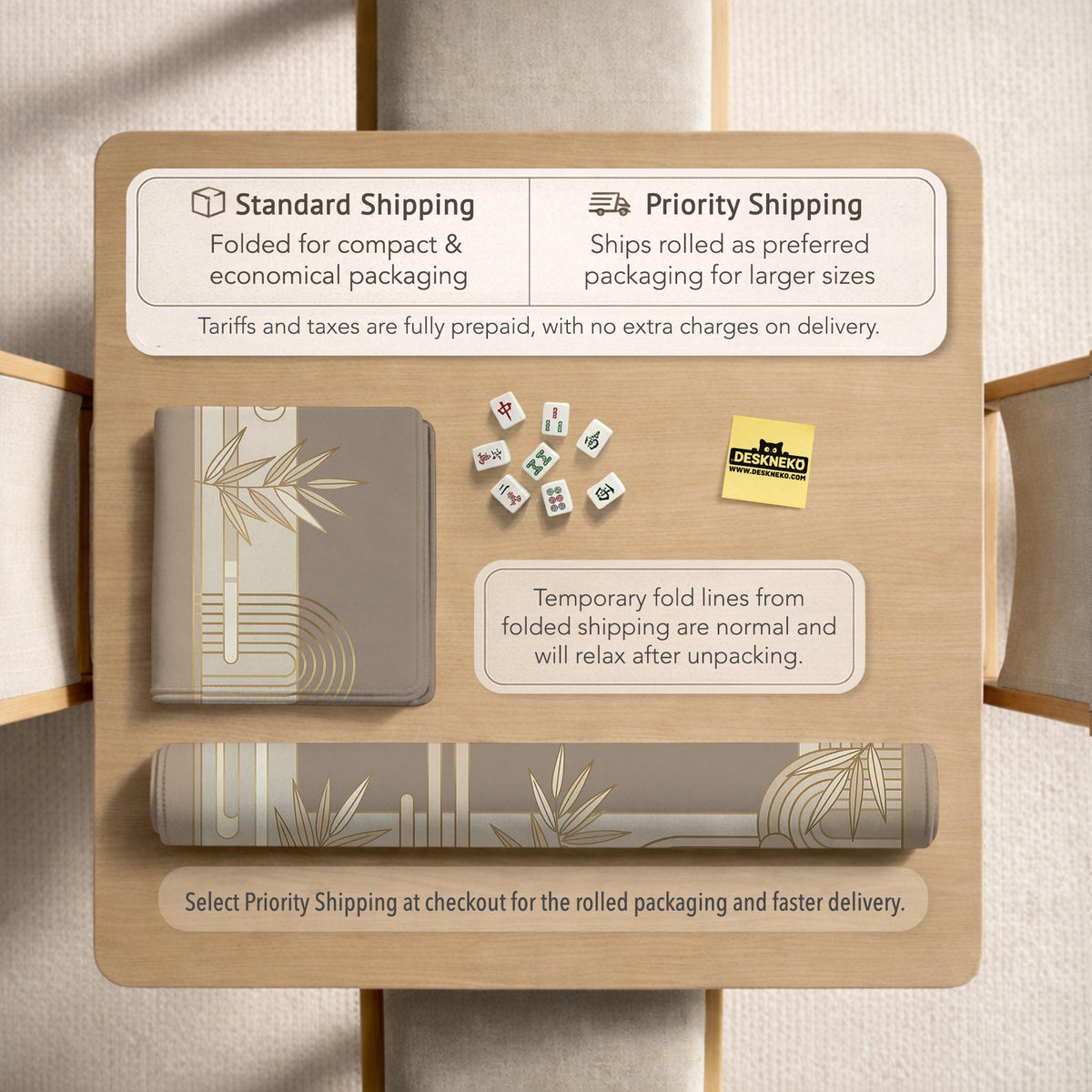 Beige and gold square mahjong mat with a bamboo pattern and geometric border.