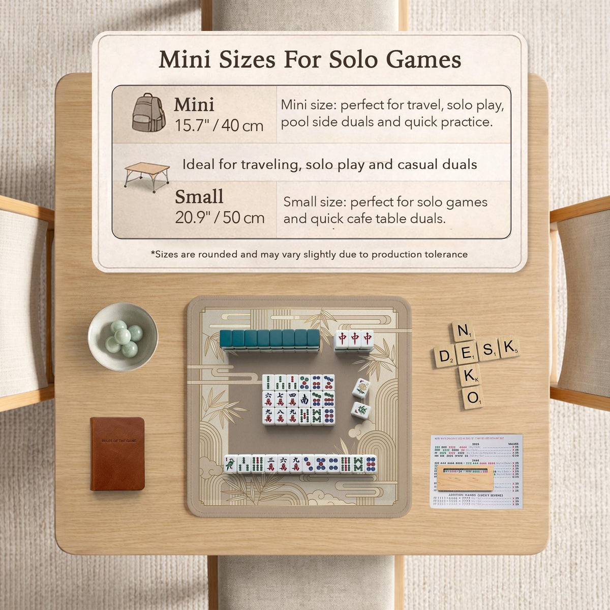 Beige and gold square mahjong mat with a bamboo pattern and geometric border.