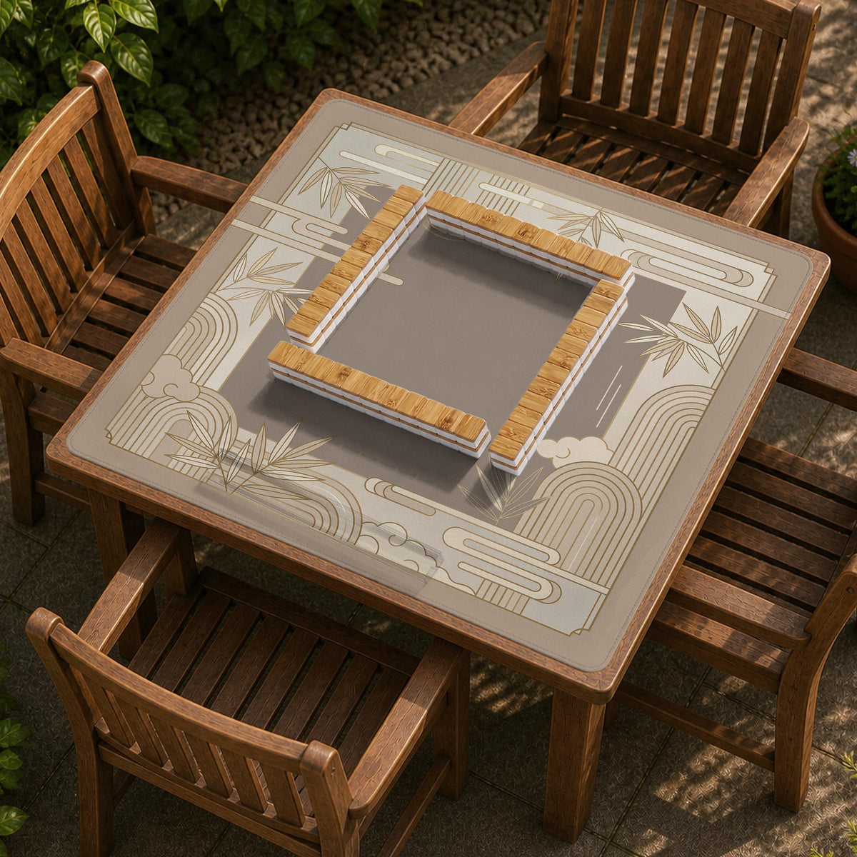 Beige and gold square mahjong mat with a bamboo pattern and geometric border.