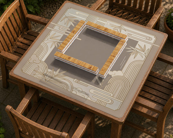 Beige and gold square mahjong mat with a bamboo pattern and geometric border.