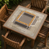 Beige and gold square mahjong mat with a bamboo pattern and geometric border.