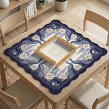Blue mahjong table mat with a peacock and floral border, ivory center, lavender flowers, and scalloped edges.